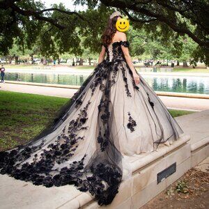 Black and Cream Quinceanera Floral Dress